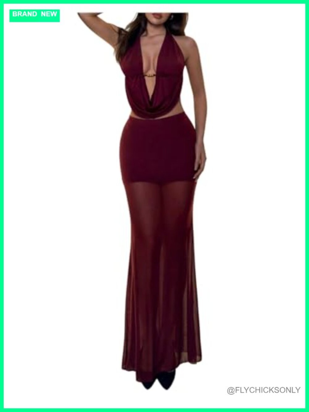 SHENHE Women's Sexy Skirt Set Halter Top Maxi Skirt Bodycon Mesh 2 Piece